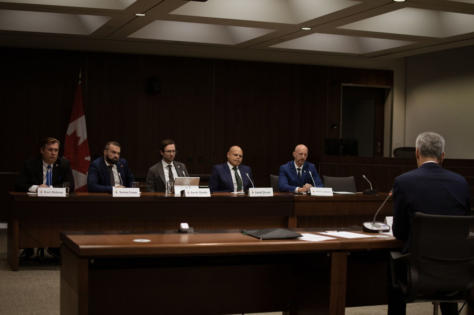 Witness Bruce Pardy addresses MPs Kurt Holman, Aaron Gunn, Jacob Mantle, Jamil Jivani and Michael Guglielmin